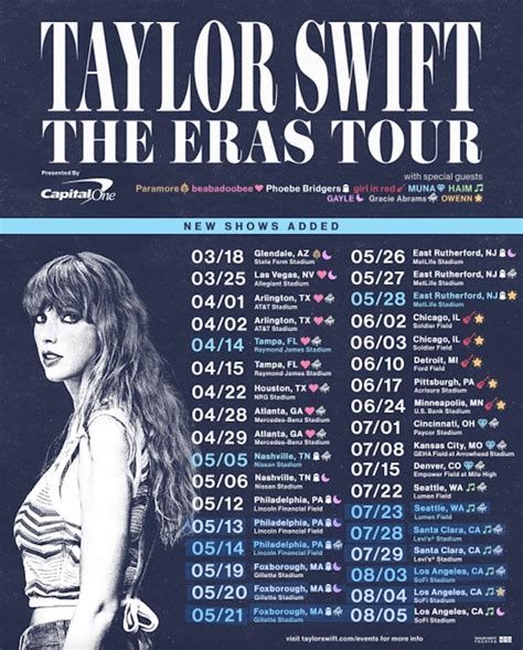Nov 1, 2022 · NEW YORK — Fresh off one of the biggest album launches of her career, Taylor Swift announced a new U.S. stadium tour starting in 2023, with plans to perform two nights at Soldier Field in June ... 